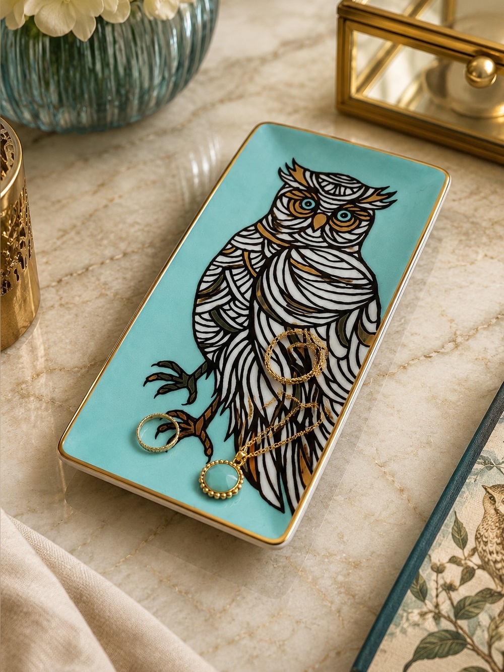 Patch NYC Owl Trinket Tray Turquoise Porcelain Jewelry Dish Gold Rim Galison